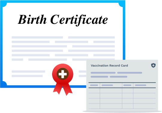 Image which shows forms of birth certificates and vaccination cards.
