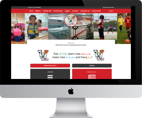 A computer monitor with the screen showing a registration webpage for Whitmore Lake Community Recreation classes.