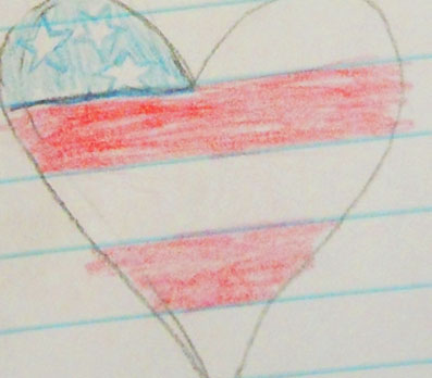 A hand drawn image of a heart with the American flag drawn inside the heart.