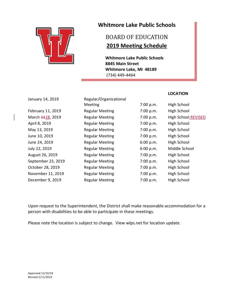 BOE Calendar JanDec 2019 revised 21119 Whitmore Lake Public Schools