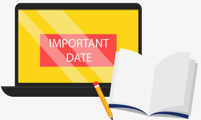Laptop graphic with "Important Date" on the screen and open notebook and pencil next to laptop.