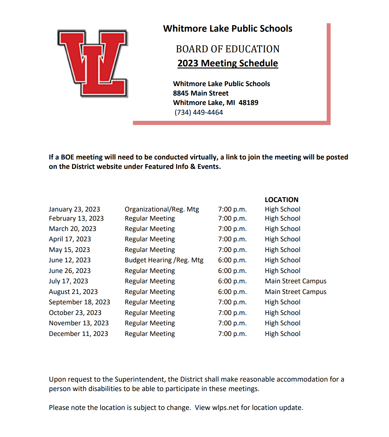 calendar update Whitmore Lake Public Schools